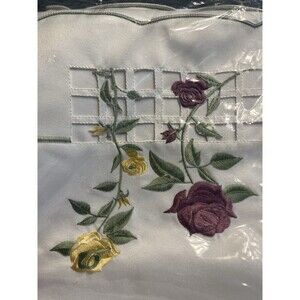 White w Embroidered Flowers Green Scalloped Hem 36” Square Tablecloth